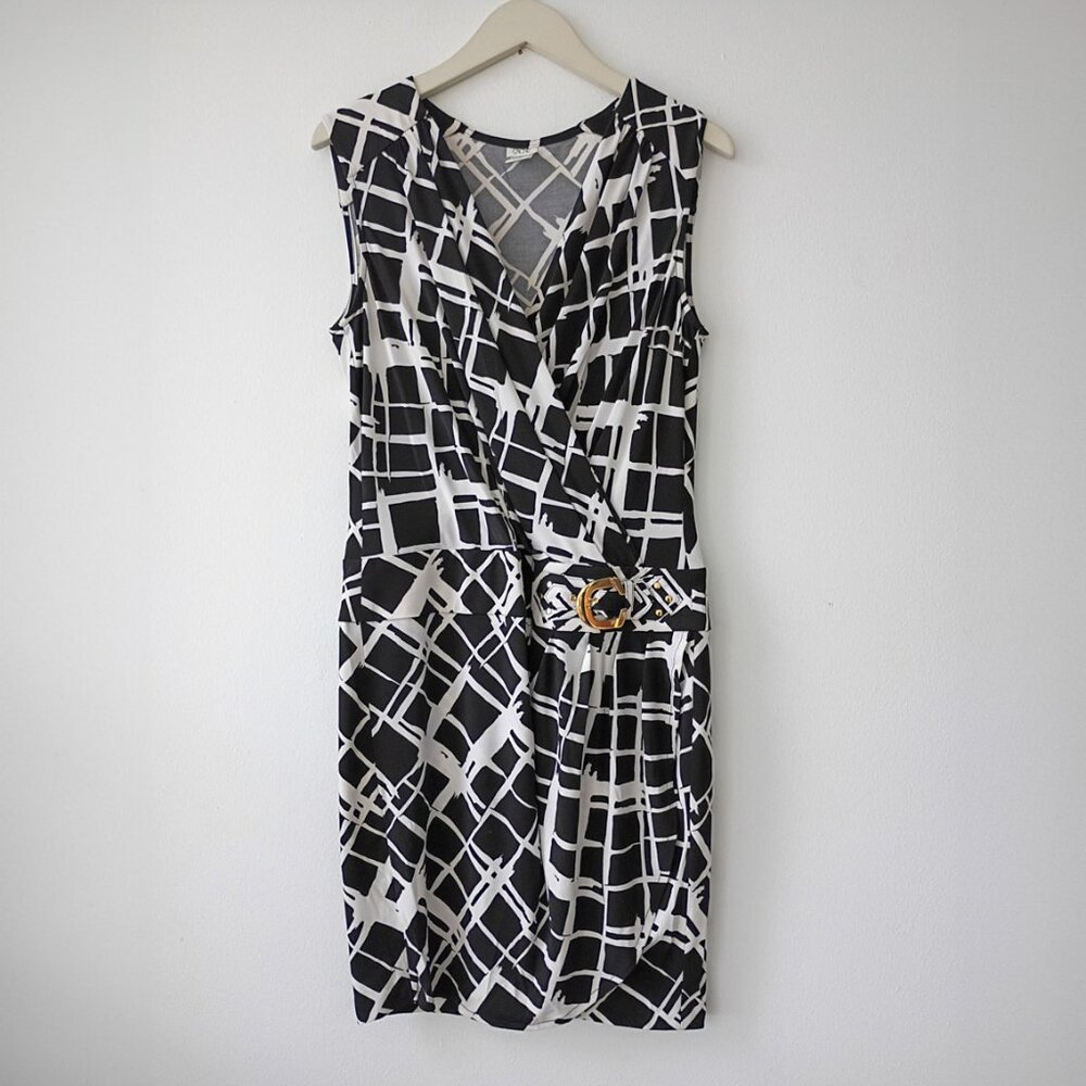Caché Black & White Sleeveless Wrap Dress with Geometric Print – Size L
